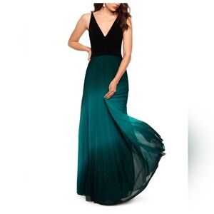 BETSY & ADAM Womens Green Glitter Ombre Sleeveless V Neck Full-Length Formal